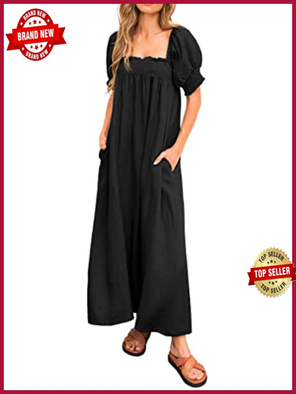 Women Summer Maxi Dress Puff Sleeve Long Flowy with Pockets